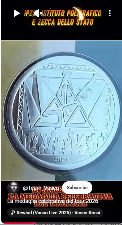 Close-up of a round commemorative coin with geometric triangle designs and raised hands beneath (minted by the Italian State Mint).