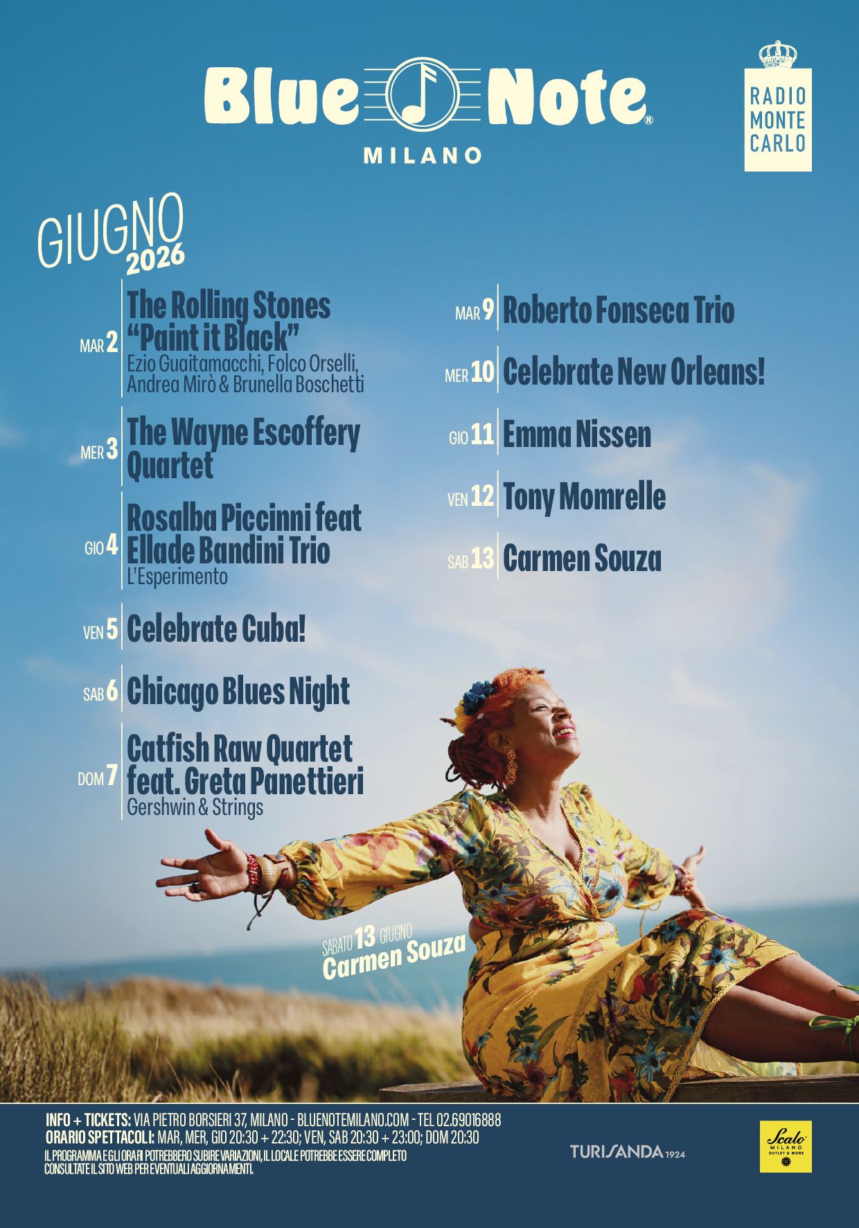 Blue Note Milano June 2026 concert poster with two-column schedule of artists and dates, and a woman in a colorful dress dancing on a beach at the bottom.