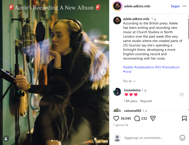 A woman wearing headphones records into a microphone in a studio; text overlay reads 'Adele's Recording A New Album'