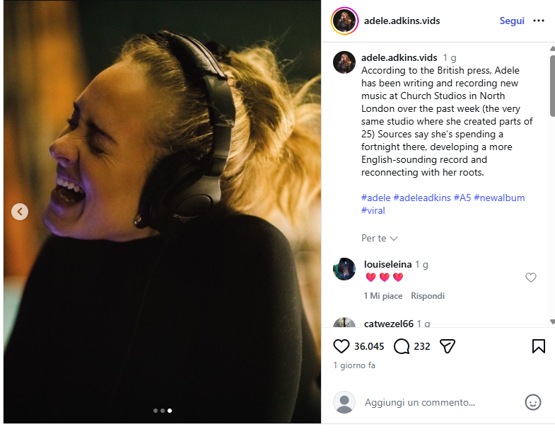 Adele wearing large over-ear headphones, singing with a wide, joyful expression in a recording studio.