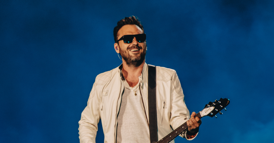 Male guitarist wearing a white jacket and sunglasses performing on a blue stage backdrop, smiling.