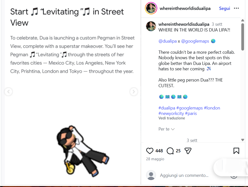 Instagram post announcing Dua Lipa's Levitating Pegman in Street View; shows headline text and a cartoon Pegman at bottom.