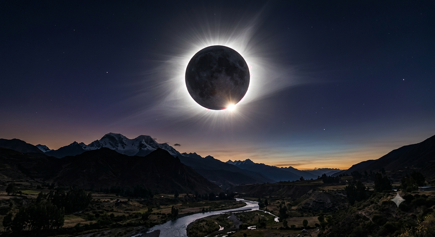 Total solar eclipse over a mountain valley at dusk, with a river winding through the valley and silhouetted peaks.
