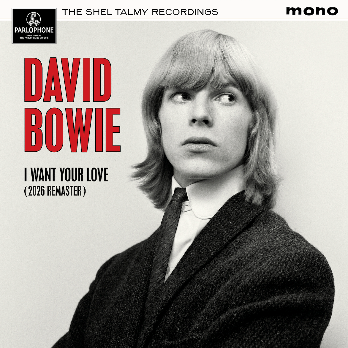 David Bowie portrait on an album cover with bold red text 'DAVID BOWIE' and black serif title on a light background (remastered track).
