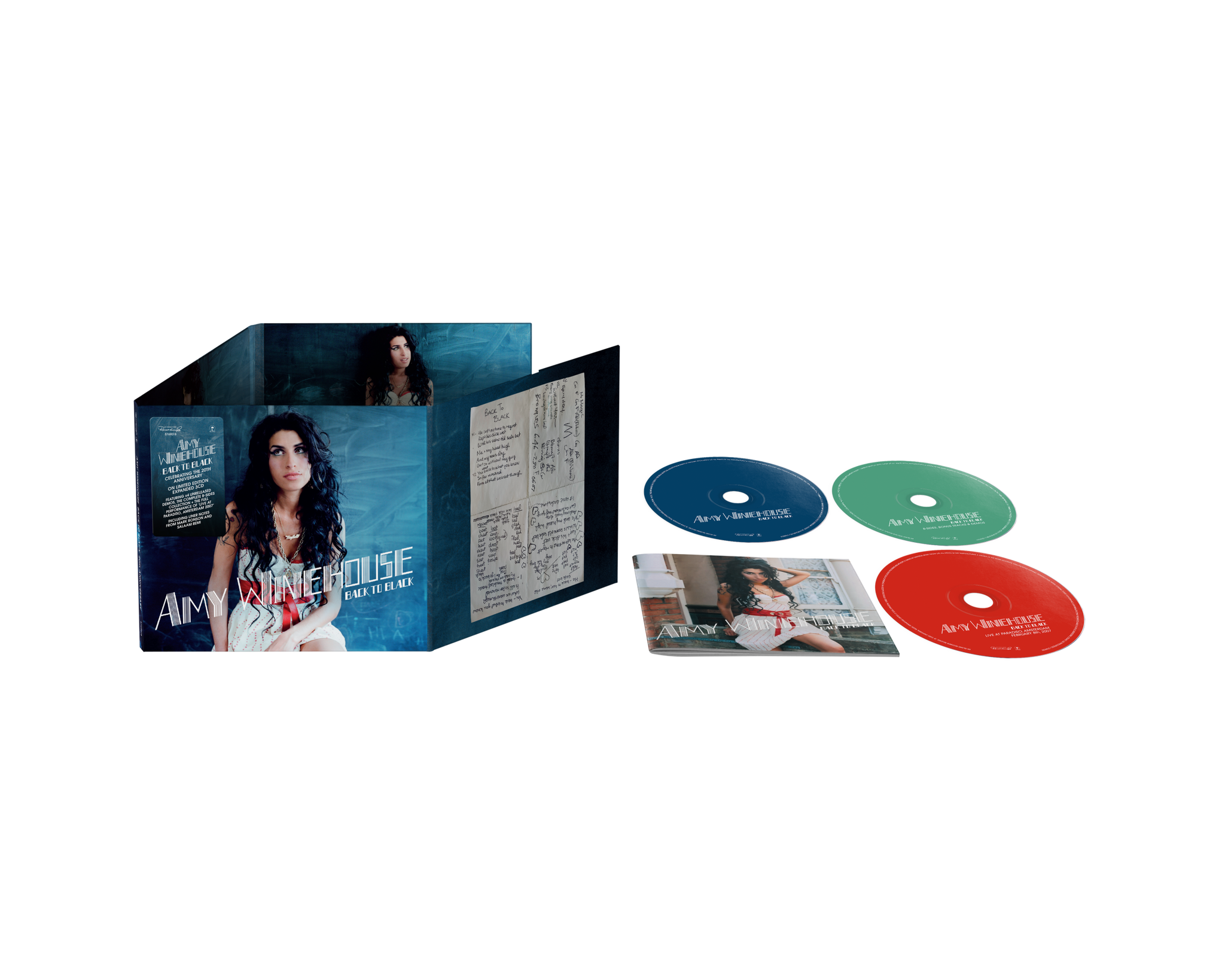Box set for Amy Winehouse's Back to Black featuring a blue-toned box, photos inside, and several colored vinyl records (blue, green, red).