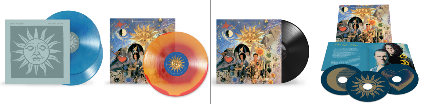 Set of vinyl records with illustrated album covers, featuring a sun emblem on blue and orange discs.