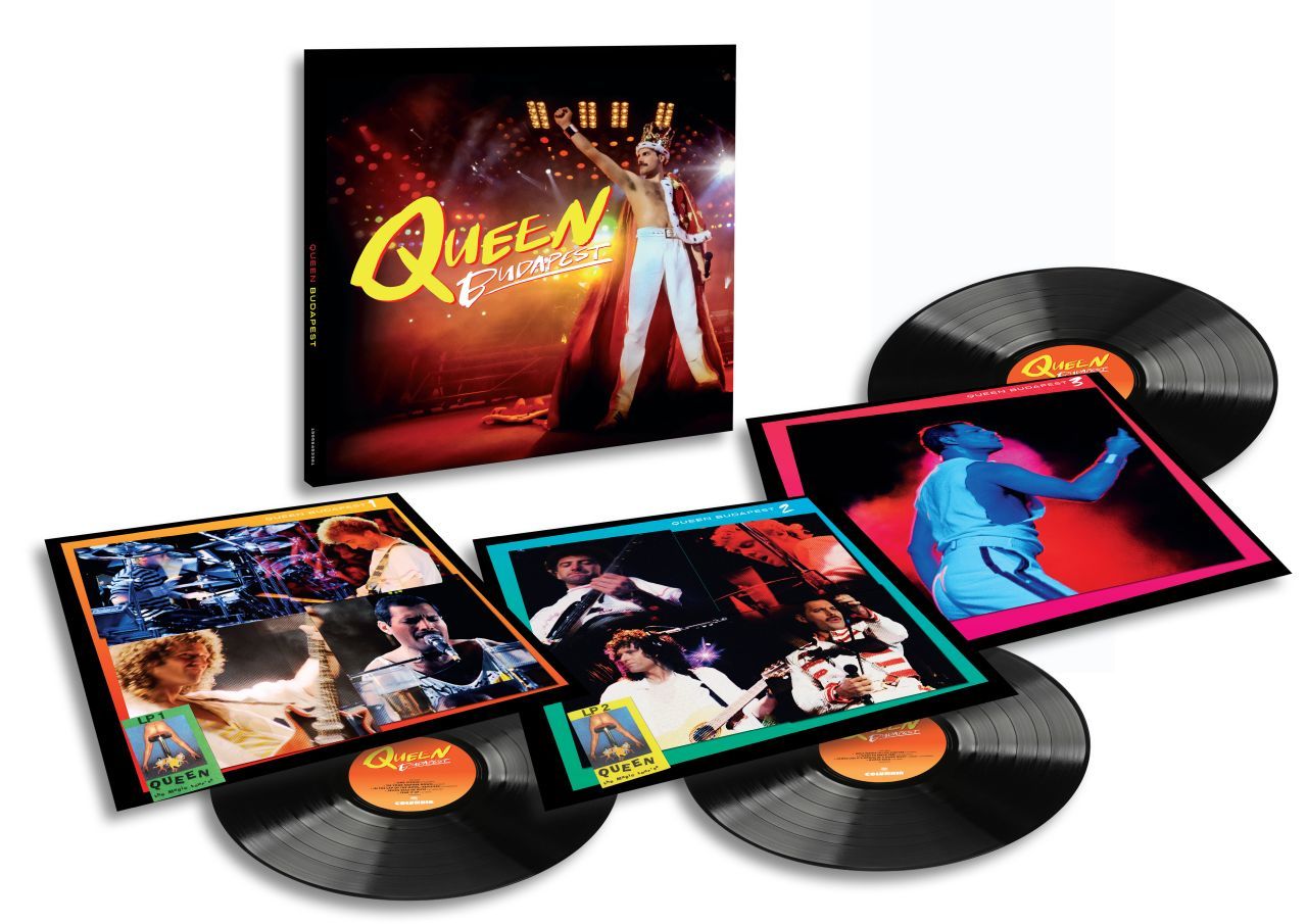 Queen Budapest vinyl box set with four LPs and colorful band-photo sleeves on display.