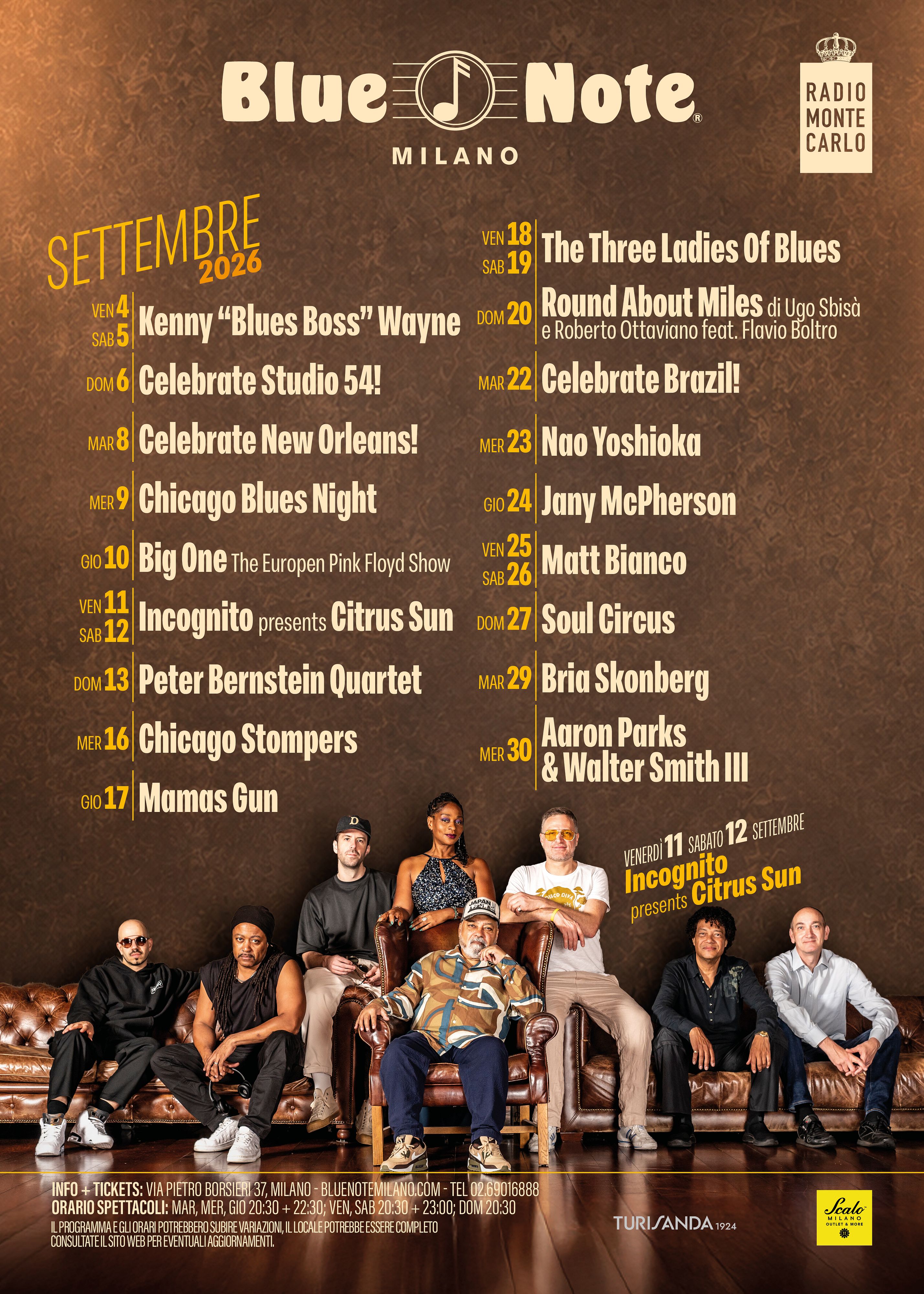 Blue Note Milano concert poster with September 2026 lineup and musician photos at the bottom.