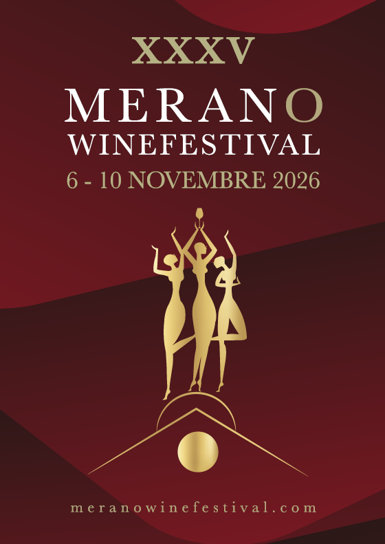 Merano Wine Festival poster: gold trophy-raising figures on a burgundy background, dates November 6–10, 2026, at meranowinefestival.com