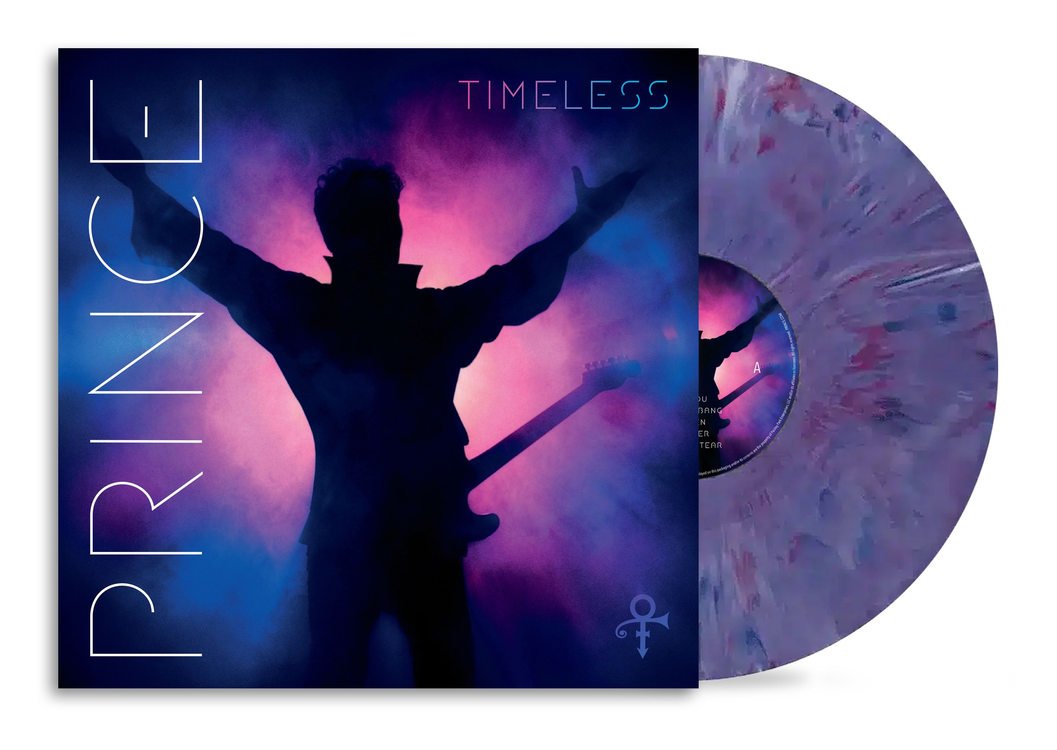 Album cover featuring a silhouette with raised arms against a purple‑blue gradient, the word TIMELESS across the top, and a textured vinyl disc intersecting the right edge.