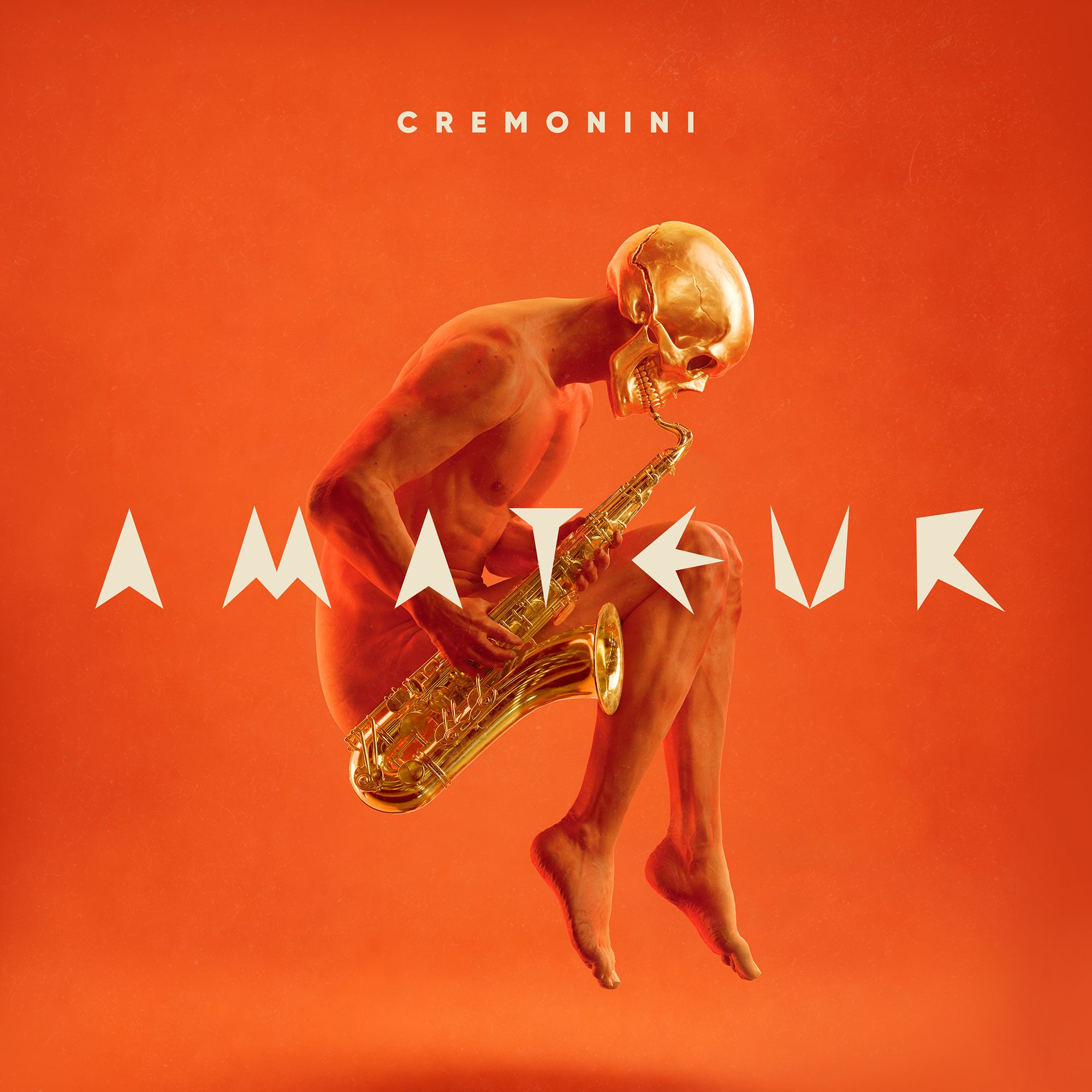 Golden, stylized human figure playing a saxophone against an orange background, mid-movement.