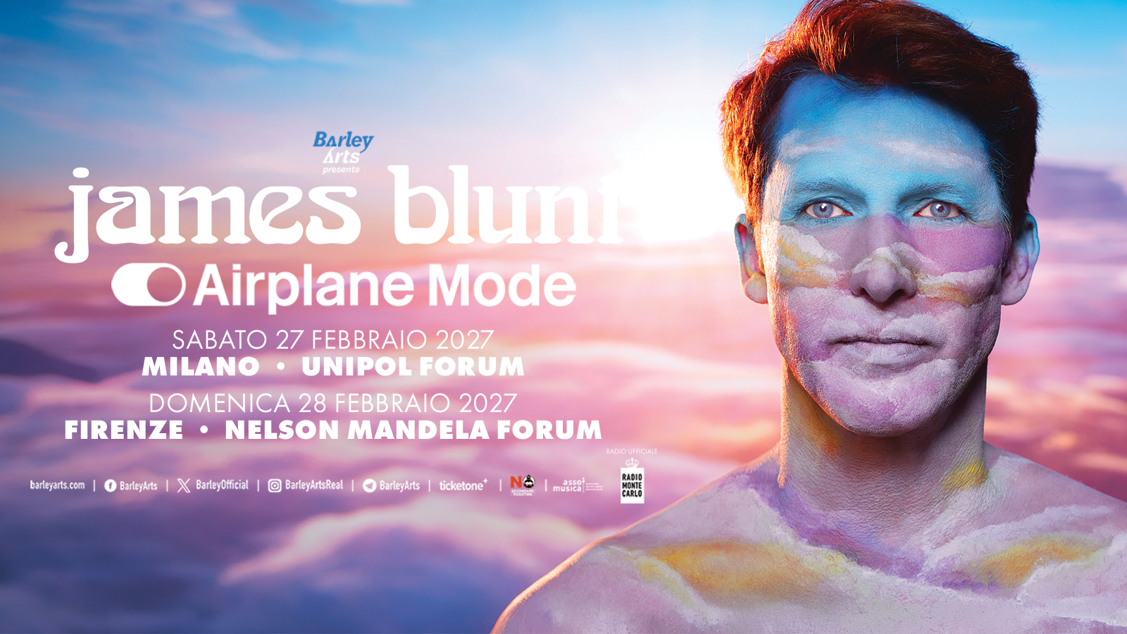 Poster for James Blunt'Airplane Mode' tour with Milano and Firenze dates; person with colorful body paint against a sunset backdrop.