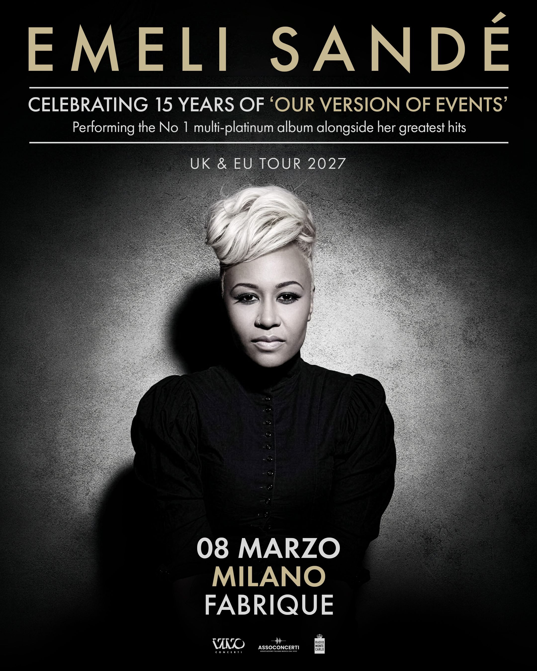 Tour poster for Emeli Sande with a dark textured background and a grayscale portrait, promoting UK & EU Tour 2027.