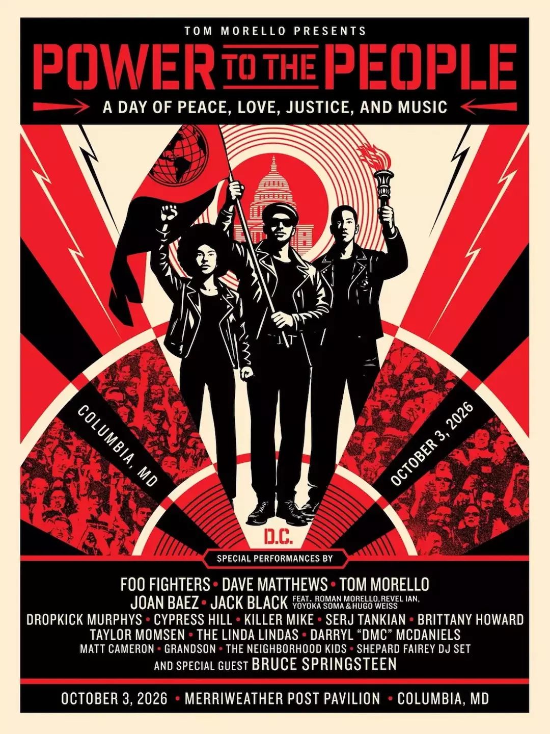 Concert poster for 'Power to the People' featuring DC and Bruce Springsteen, Oct 3, 2026, Merriweather Post Pavilion, Columbia, MD.
