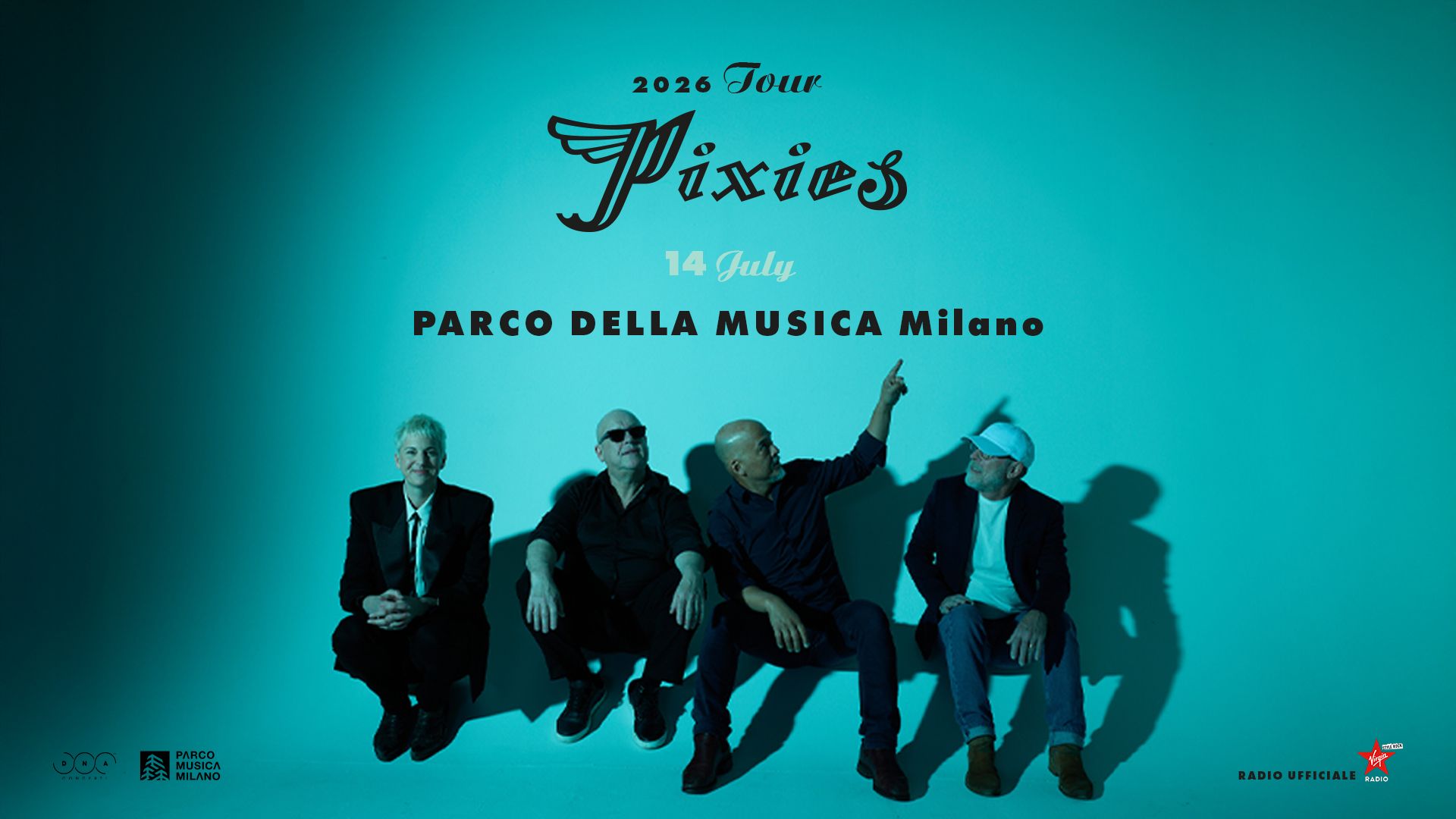 Promo poster for 2026 Pixies tour at Parco della Musica Milano, featuring four men seated against a teal background with a large logo above them.