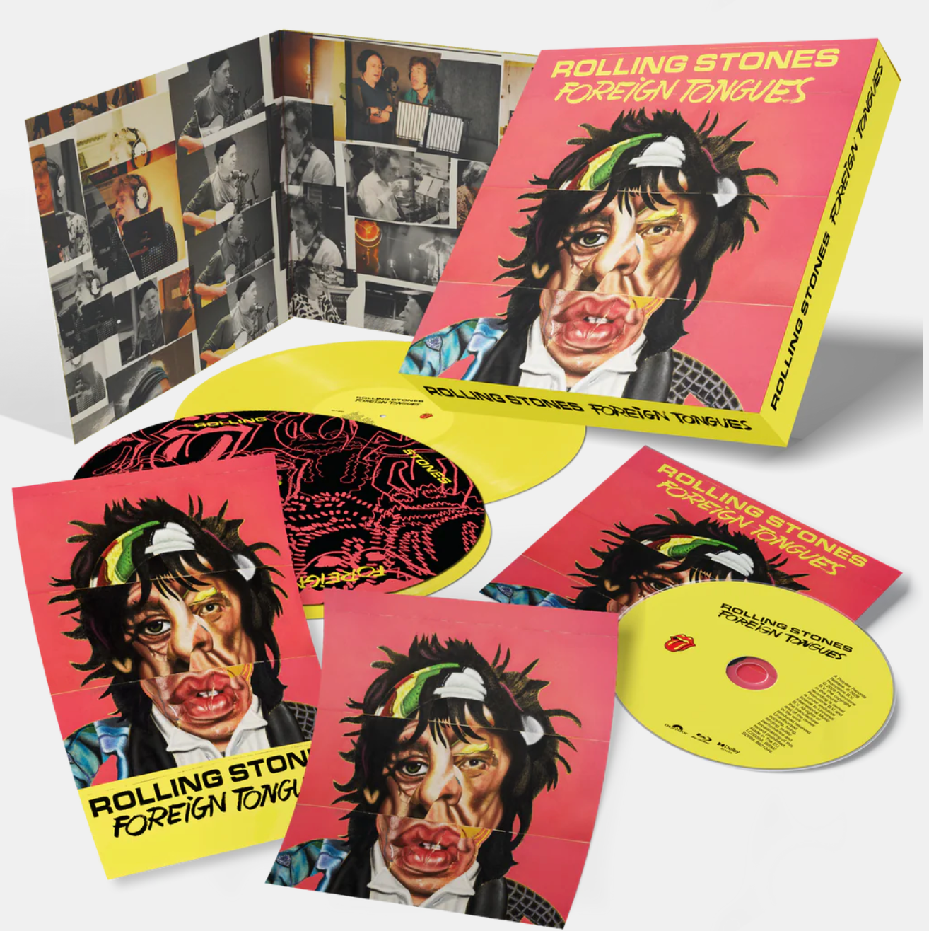Boxed Rolling Stones album set with bright pink cover, yellow records, and collage artwork reading'Foreign Tongues'