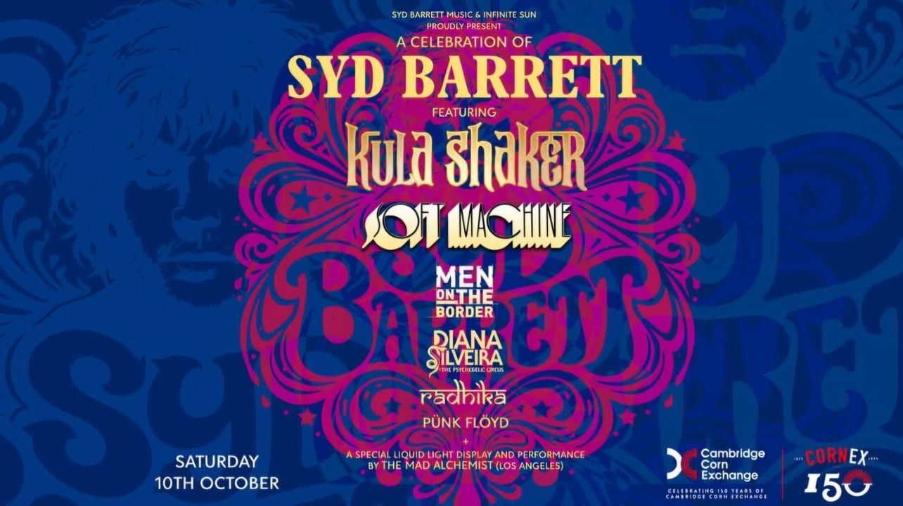 Poster for 'A Celebration of Syd Barrett' with a pink ornate circle on a blue background and list of performing acts; reads 'Saturday 10th October'.