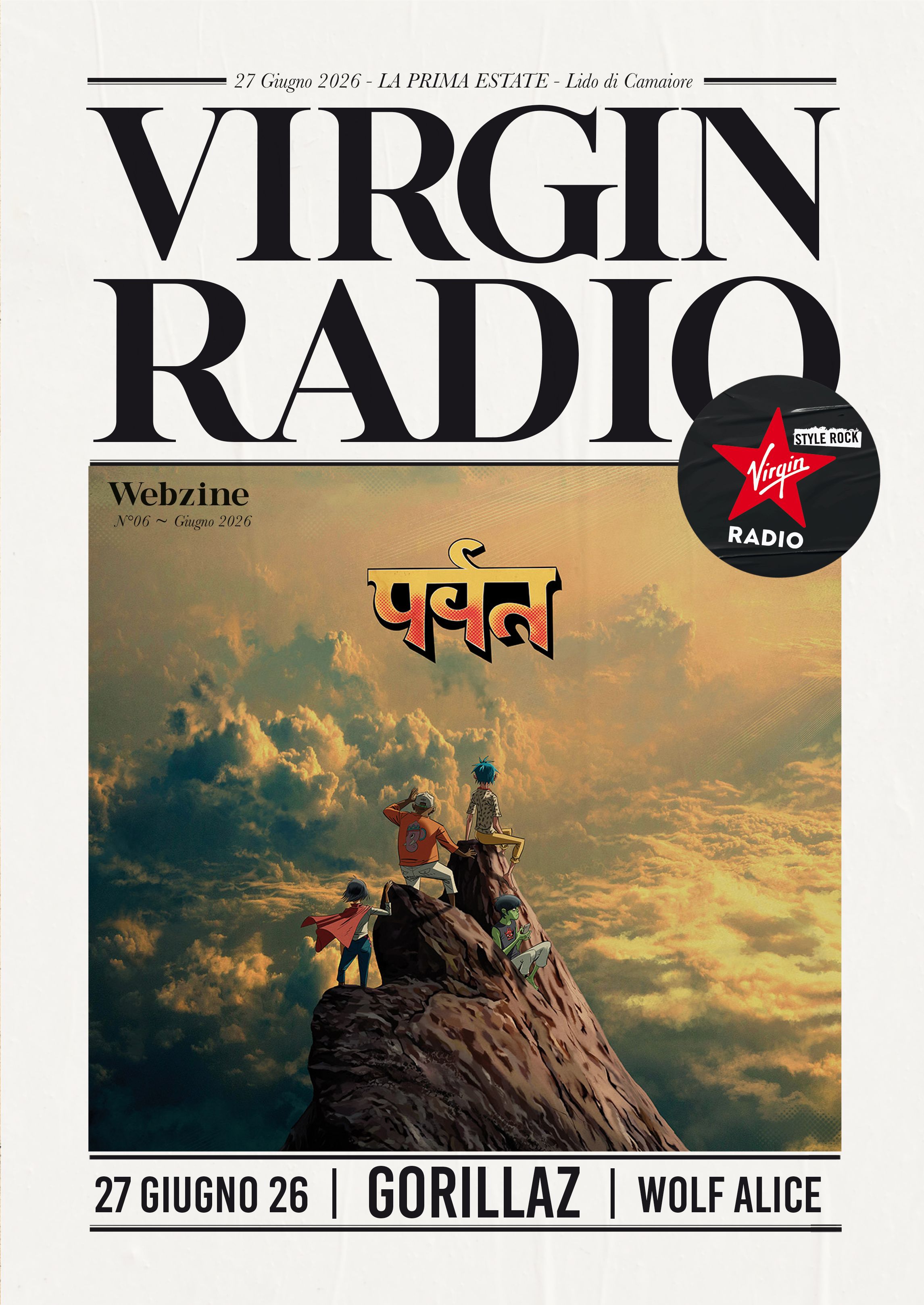 Poster for Virgin Radio event: bold 'VIRGIN RADIO' title with a cliffside group of characters gazing at a sunset sky; circular Virgin label overlays right.