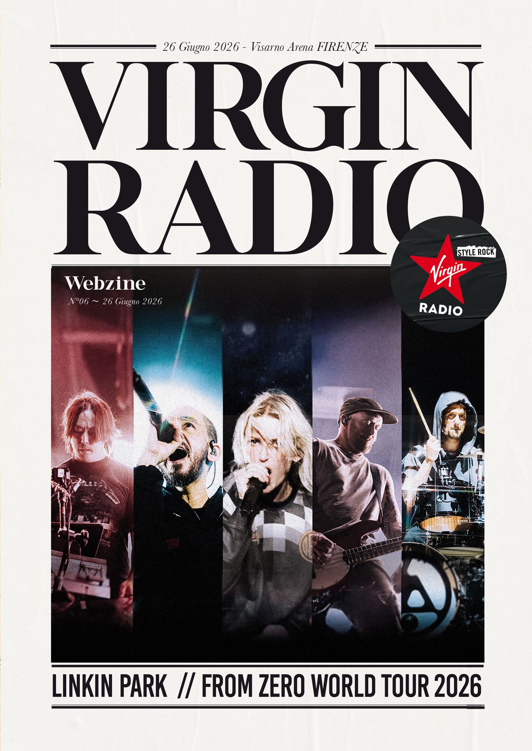 Poster promoting Virgin Radio and Linkin Park's From Zero World Tour 2026, with a collage of band photos and a Virgin Radio sticker in the corner.