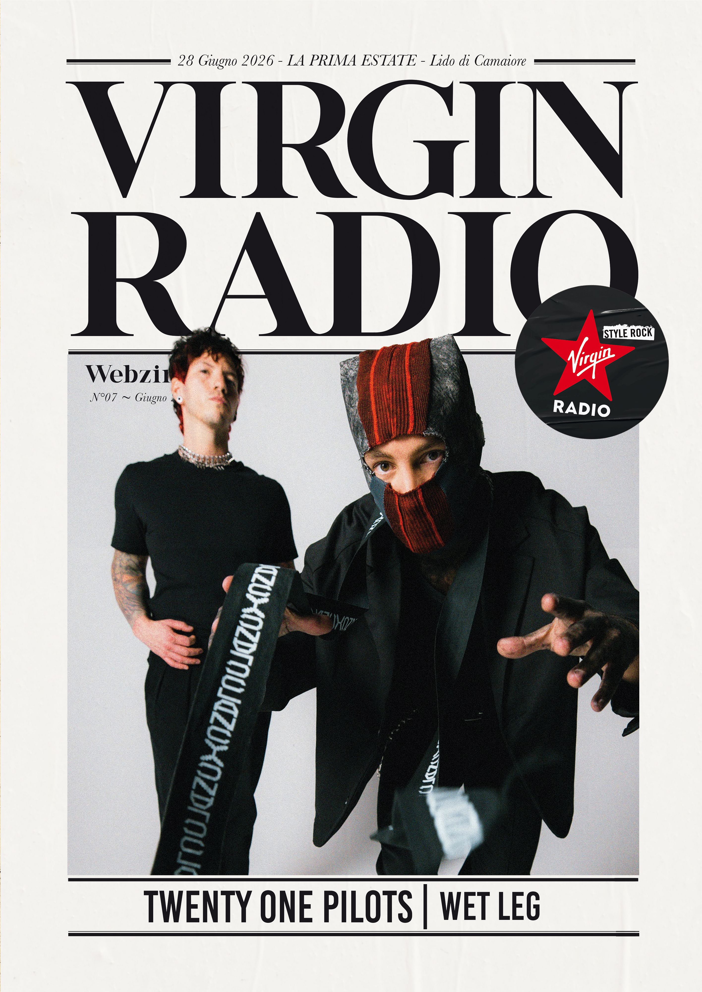 Virgin Radio magazine cover with two men in black outfits and a circular Virgin Radio sticker on the right; bottom text reads Twenty One Pilots | Wet Leg.