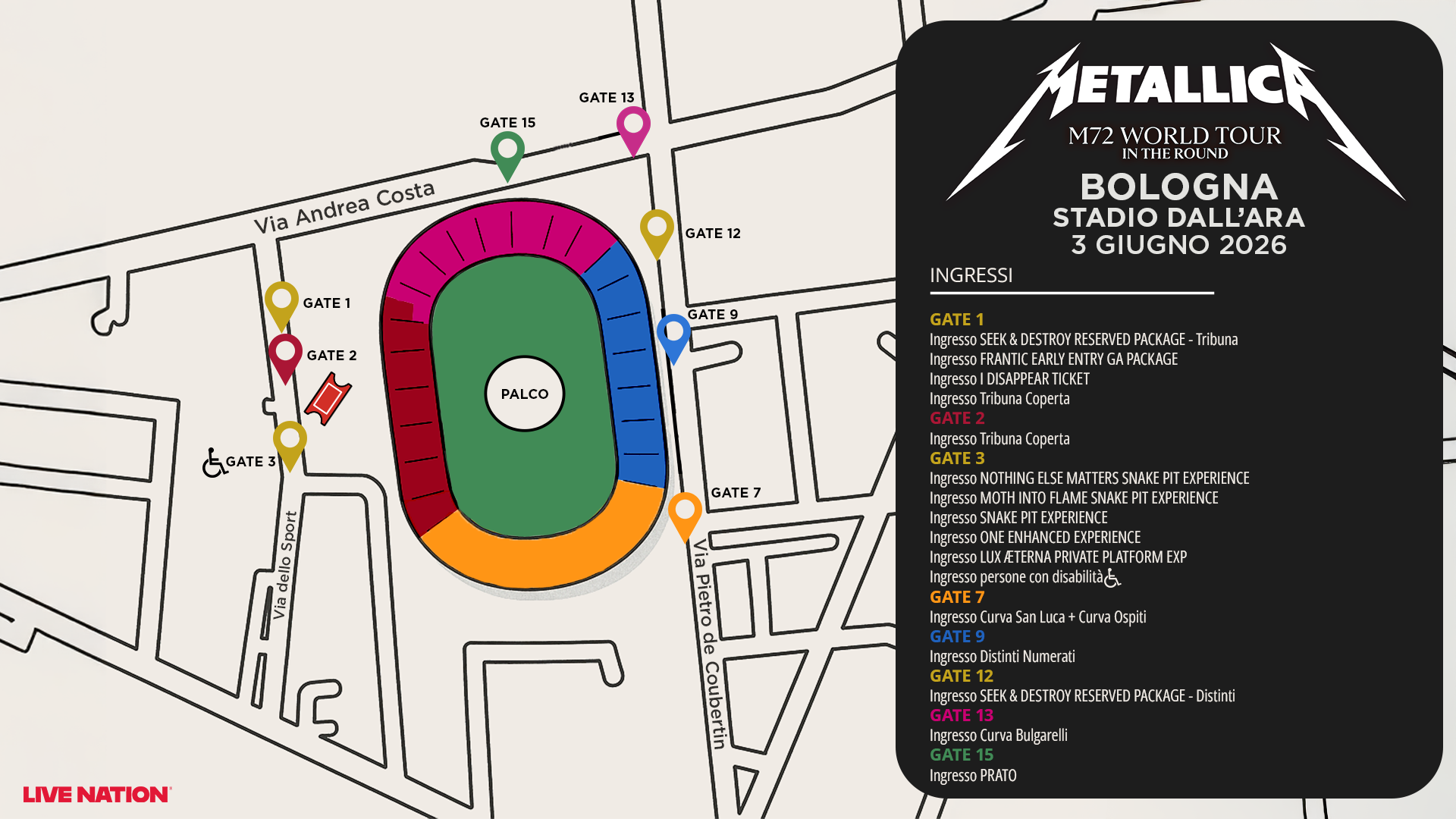 Venue map for Metallica M72 World Tour Bologna showing gate locations (1,2,3,7,9,12,13,15) around the stadium and a ticketing info panel on the right.