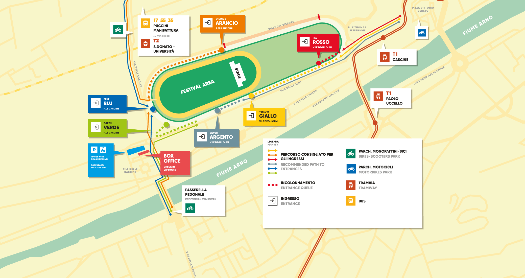Illustrated festival map with color‑coded transit routes, entrances, and labeled stations around a central green festival area; includes a legend and bike/pedestrian paths.