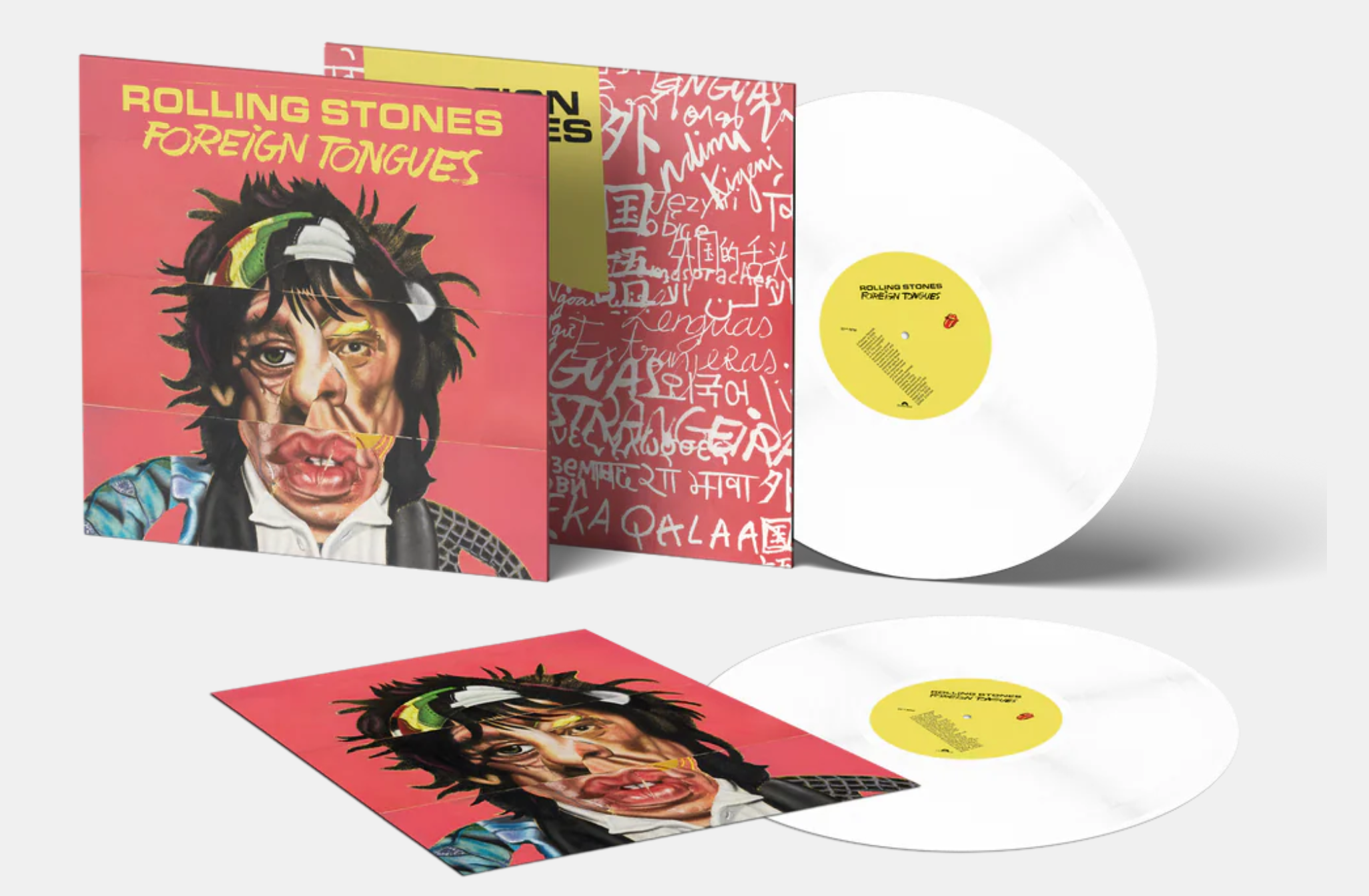Rolling Stones Foreign Tongues box set with a colorful portrait cover and a white vinyl record.