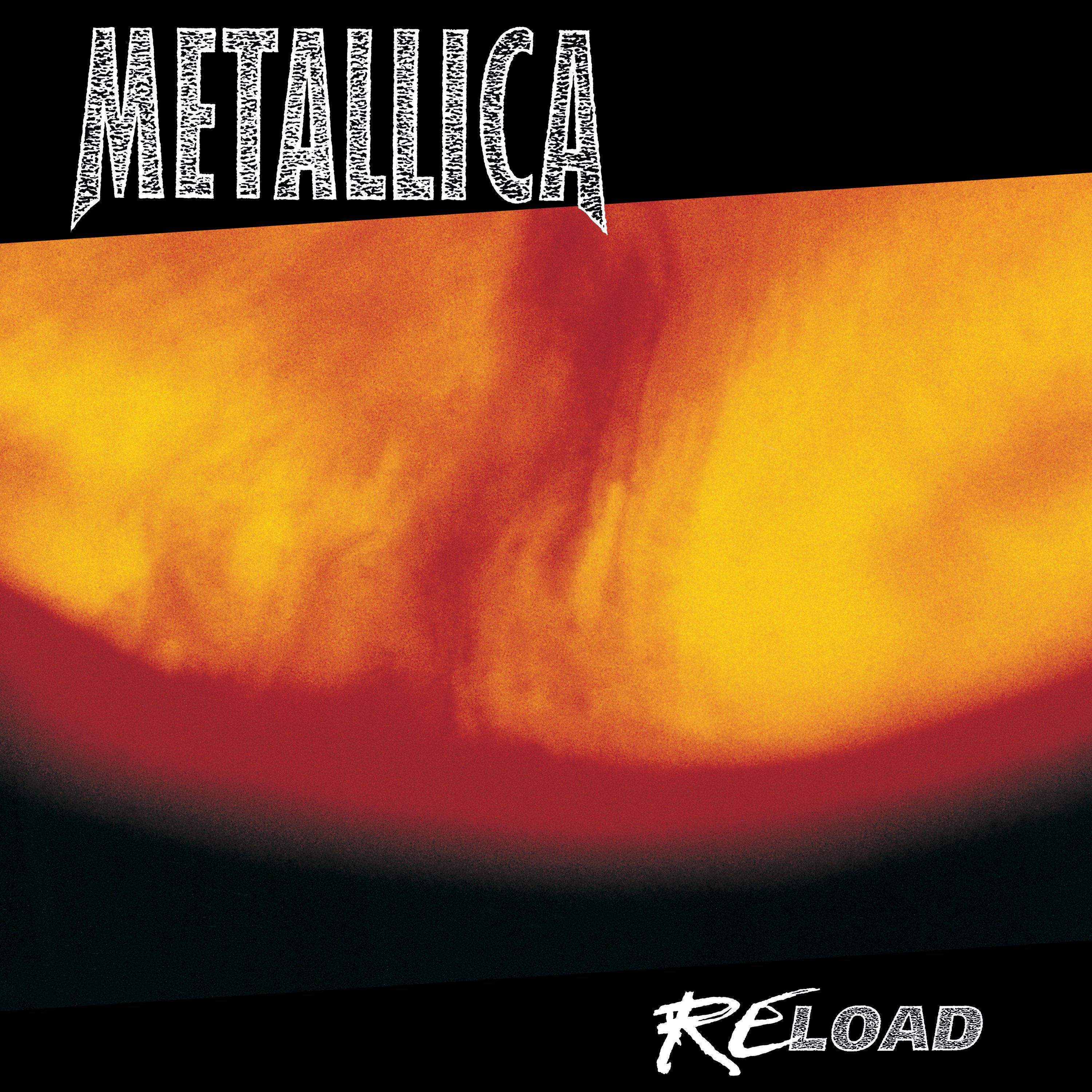 Distressed white 'METALLICA' logo on black background with an orange-yellow gradient and 'RELOAD' text at bottom right.