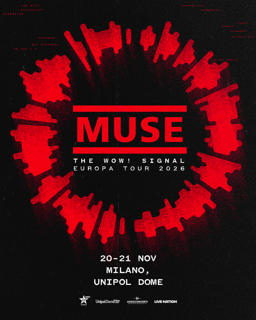 Concert poster for Muse’s Europa Tour 2026 featuring a bold MUSE logo over a red circular graphic and event details in white text (Milan, Unipol Dome).