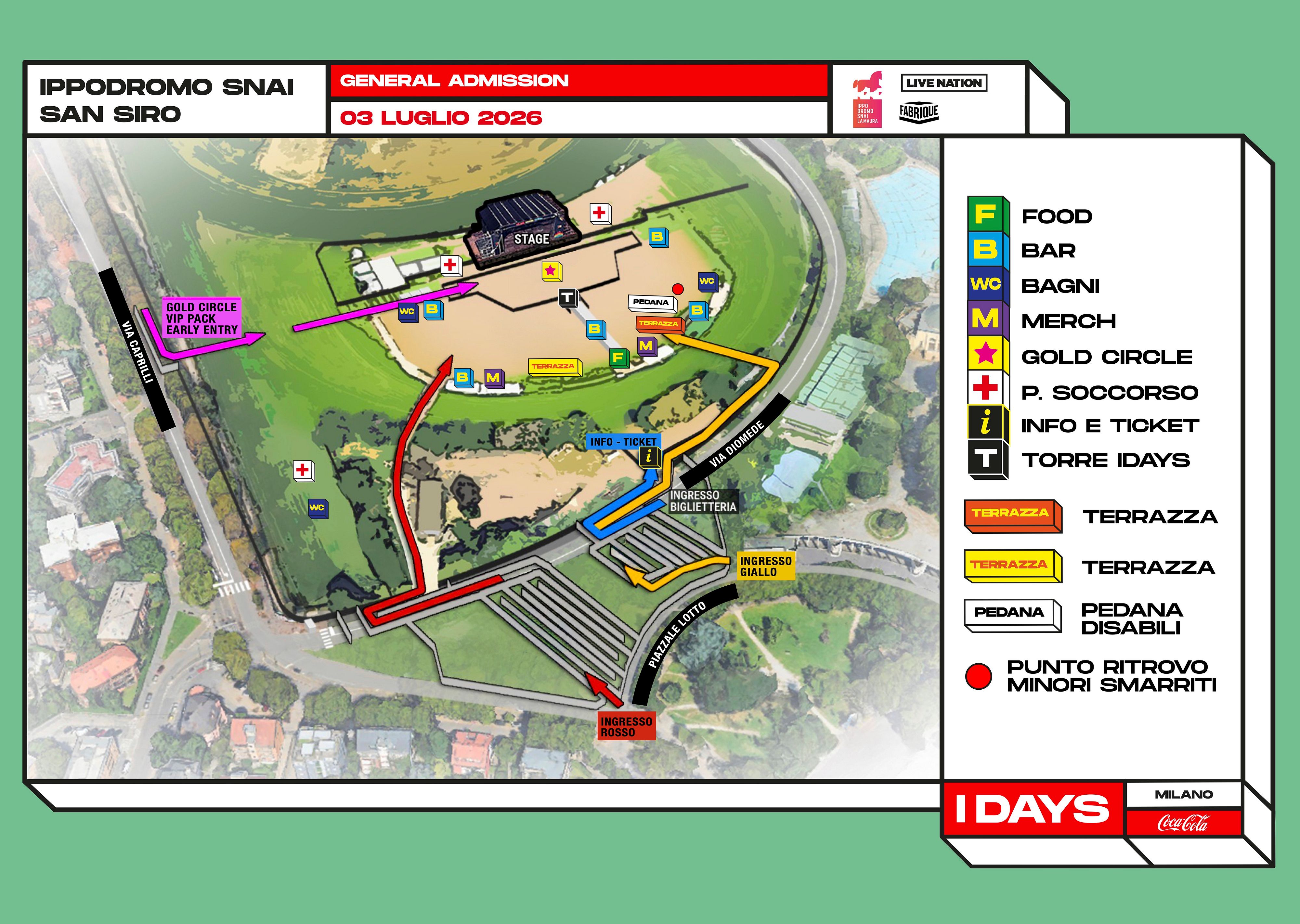 Informational event map of Ippodromo SNAI San Siro showing colored routes, entrances, and a right-side legend with facilities (WC, P.S.O., merch, terrace).