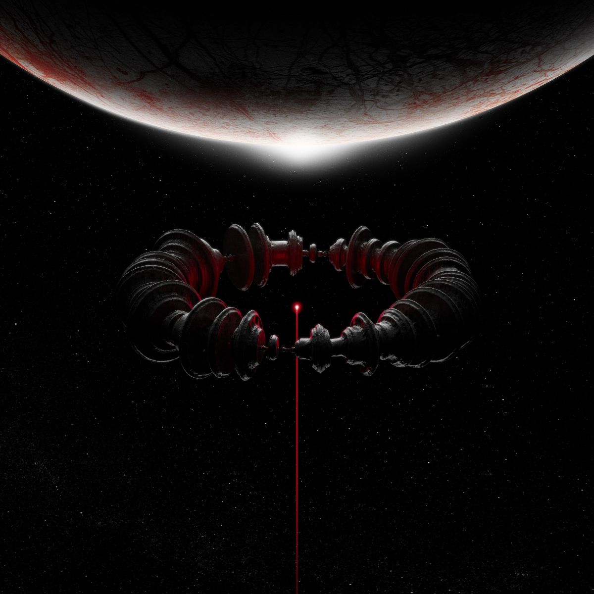 A dark space scene showing a red-tinged circular mechanical ring with a red beam extending downward toward the planet at the top edge of the image.