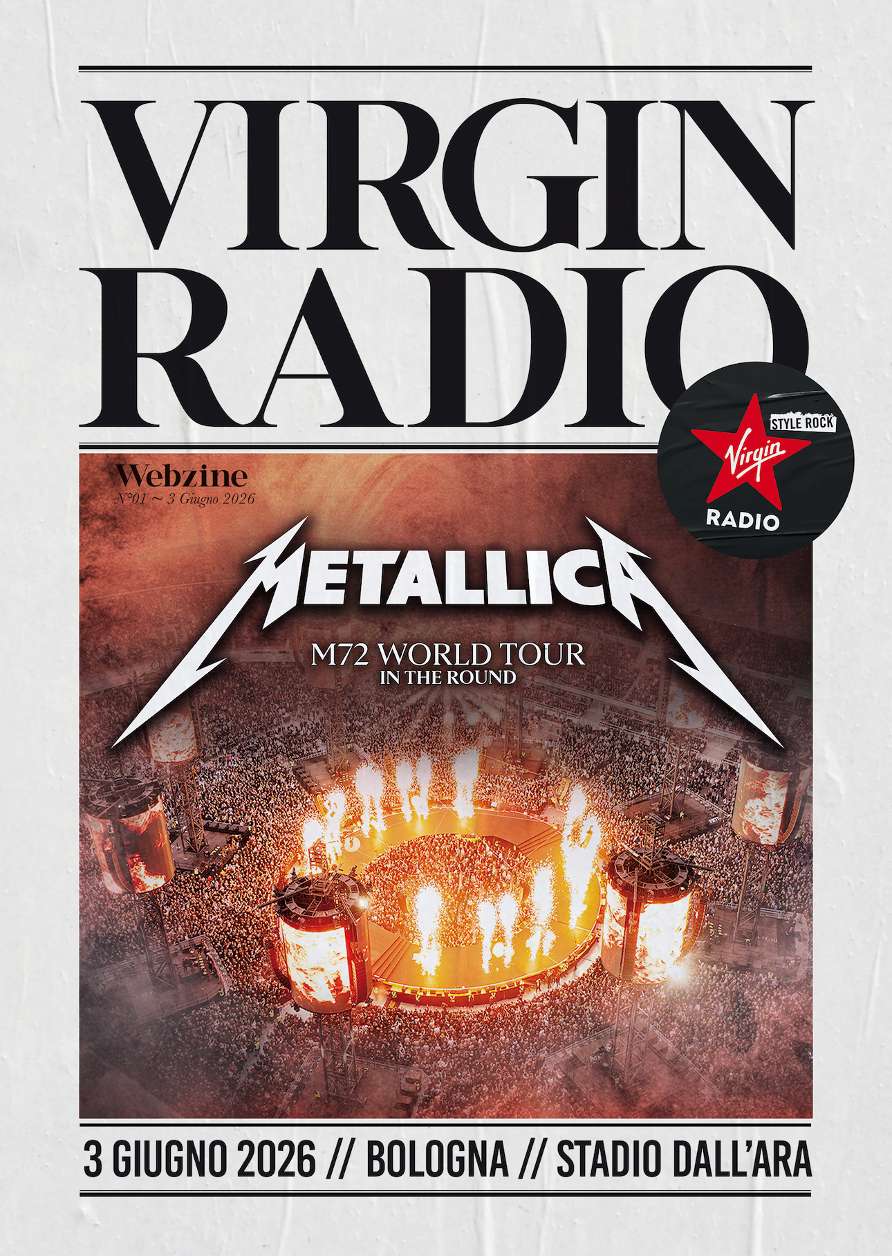 Virgin Radio poster promoting Metallica's M72 World Tour in the Round at Bologna's Stadio Dall'Ara on 3 June 2026 with a large crowd image and Virgin logo badge.