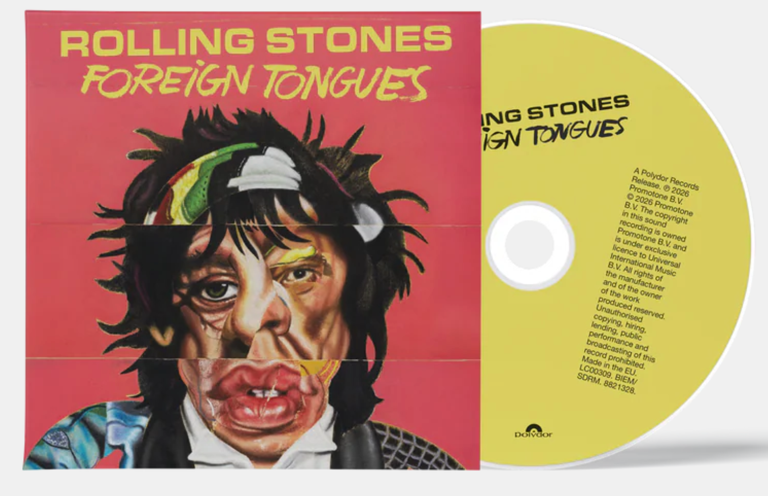 Album cover art: Rolling Stones – Foreign Tongues, with a red background and a distorted collage portrait, bold yellow title text across the top.