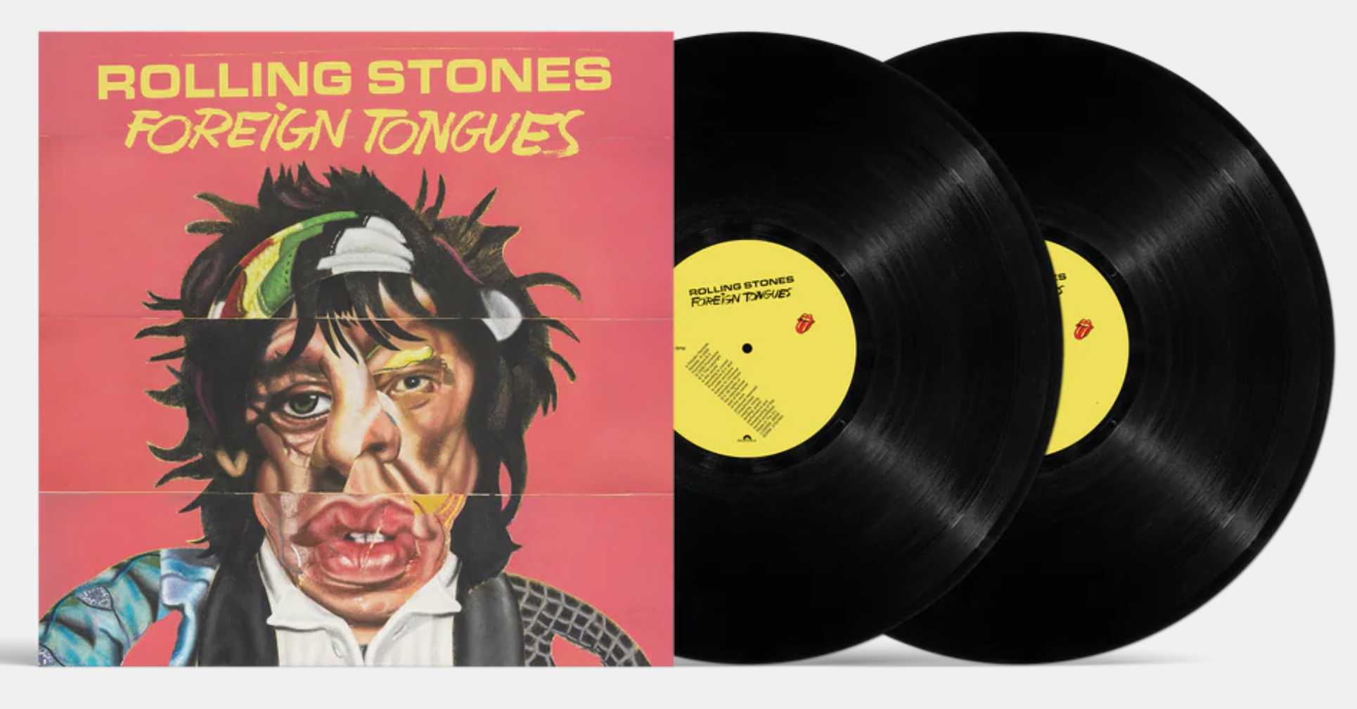 Album cover for Rolling Stones' Foreign Tongues: pink background with a stylized masked portrait and two vinyl records with yellow labels in the foreground.