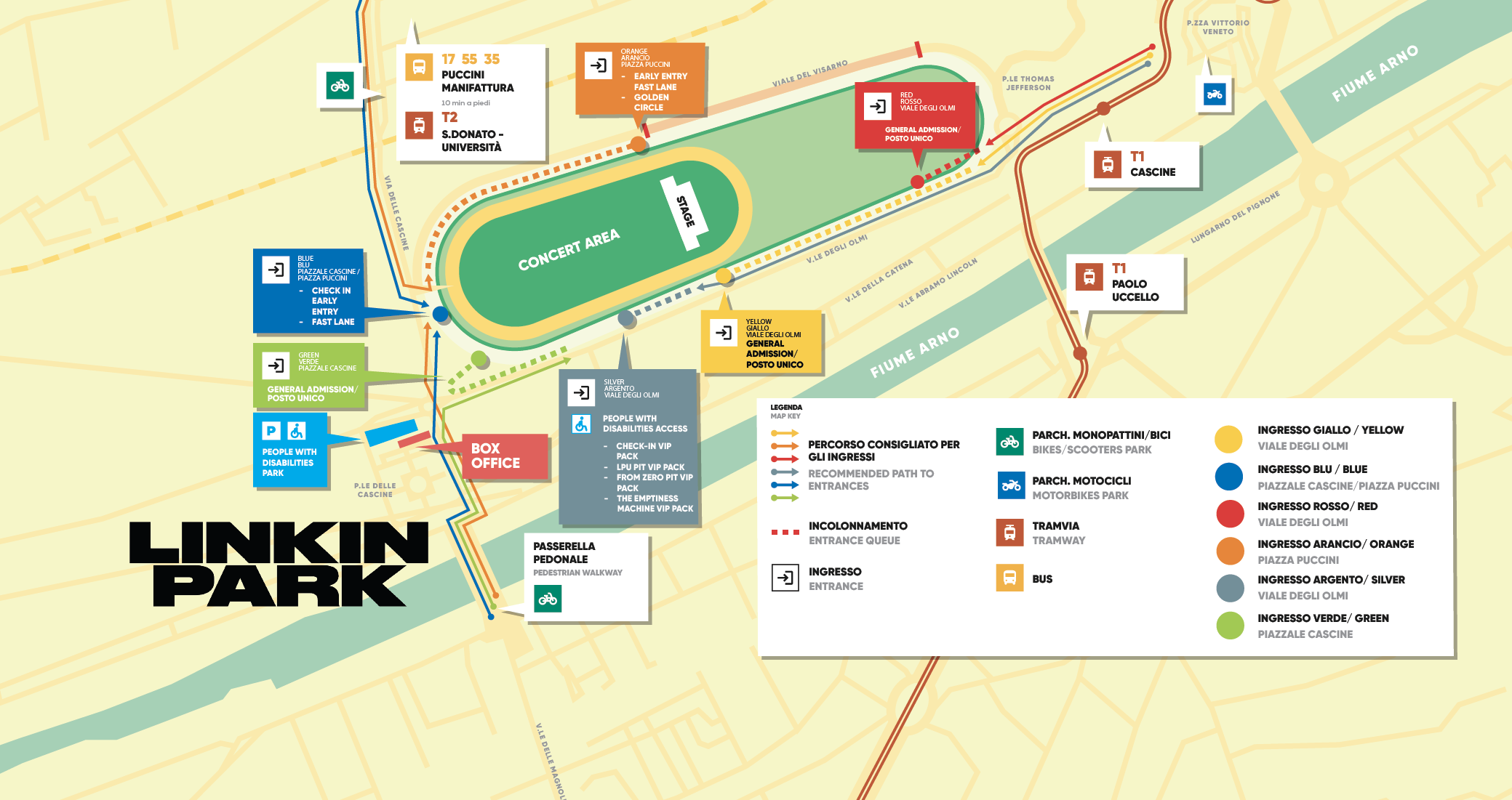 Map of the Linkin Park venue showing concert area, entrances, and signs with sections like T1, T2, and blue/green pedestrian routes.