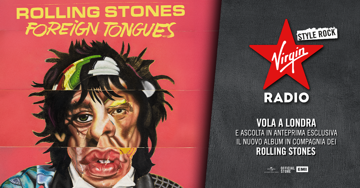 Album cover split design: left side shows Rolling Stones' Foreign Tongues artwork with a distorted portrait on a red background; right side promotes Virgin Radio style rock event.