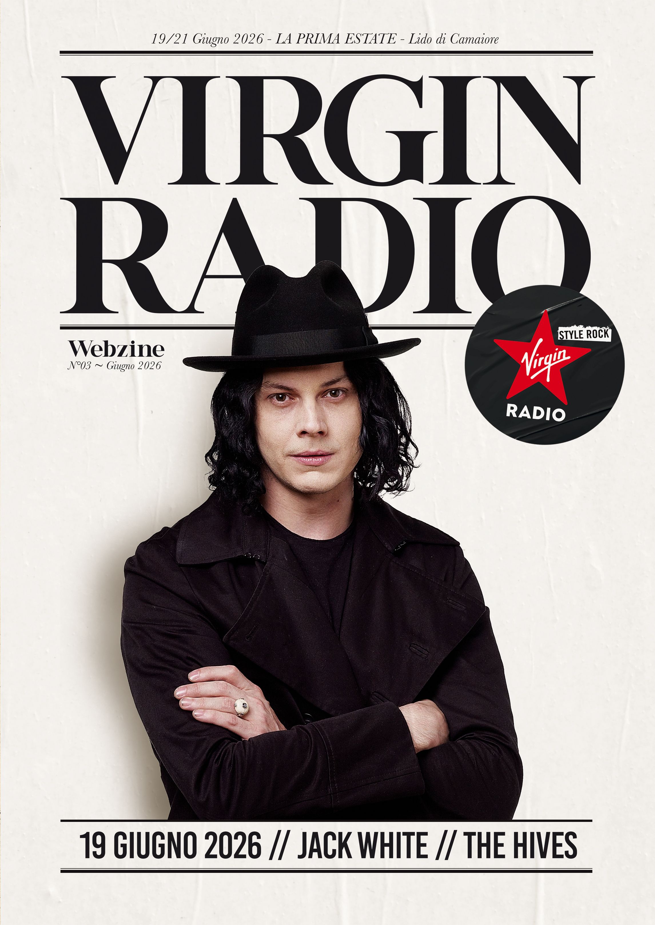 Poster for Virgin Radio event featuring Jack White and The Hives on 19 June 2026, with a man in a black hat and coat in foreground.
