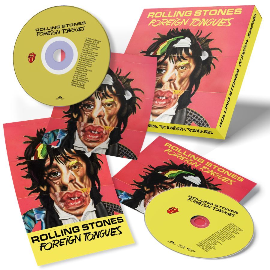 Rolling Stones Foreign Tongues box set with a bright yellow disc and red collage-style artwork featuring Mick Jagger portrait.