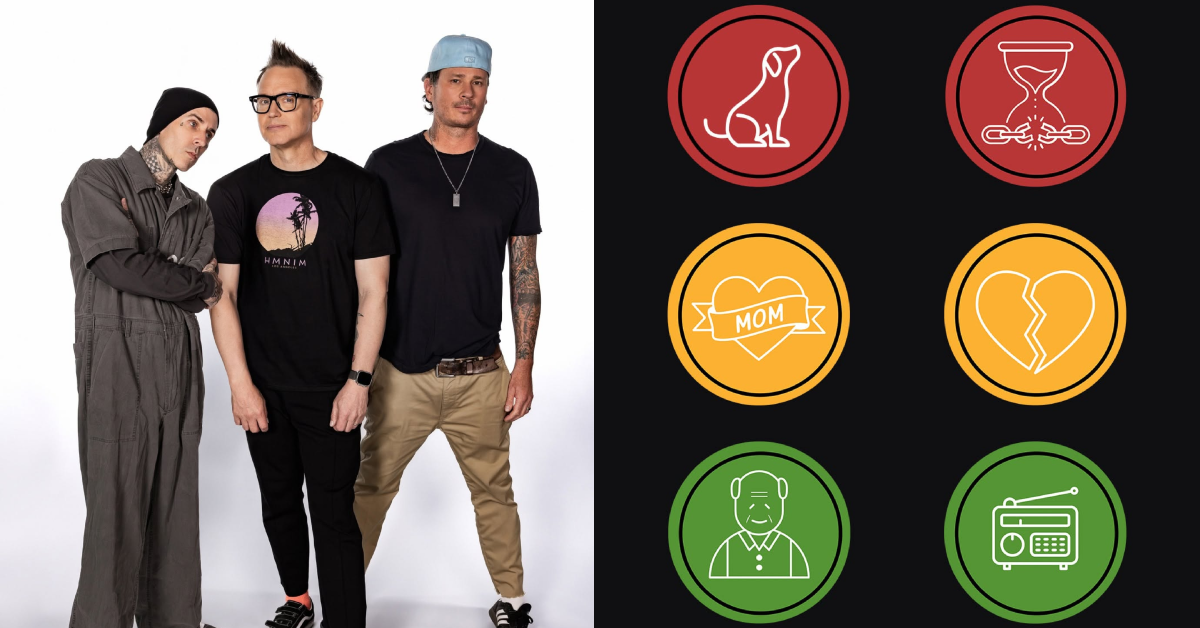 Three men pose for a band photo on the left; six circular colored icons appear on the right (dog, chained hourglass, mom heart, broken heart, elderly person, radio).