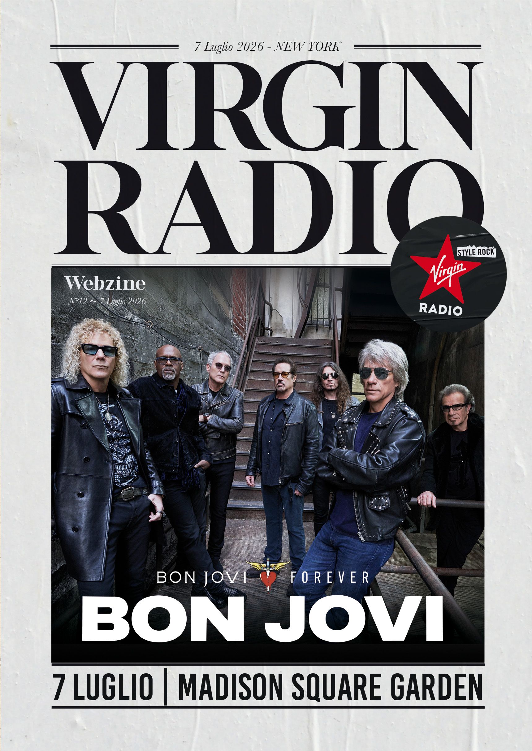 Poster for Virgin Radio: Bon Jovi Forever concert in New York, July 7, 2026 at Madison Square Garden. A band photo in leather jackets on stairs appears at the bottom.