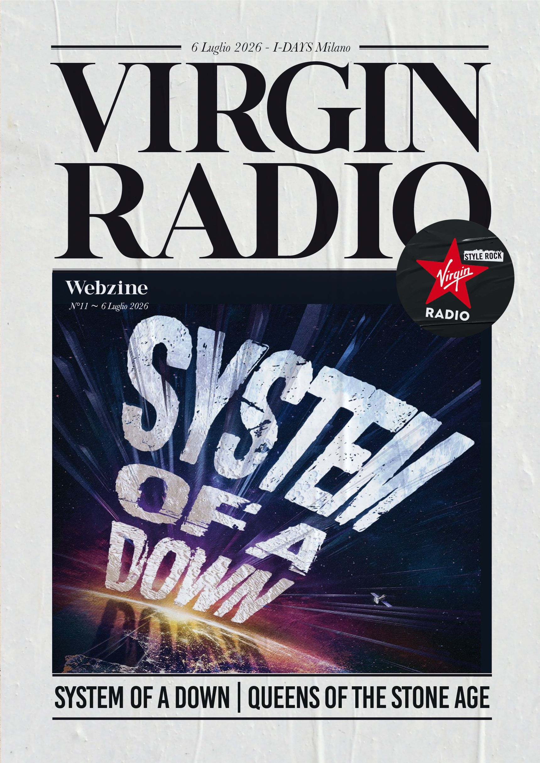 Magazine cover: oversized 'VIRGIN RADIO' typography with a circular Virgin Radio sticker and a rock poster graphic beneath showing band names.