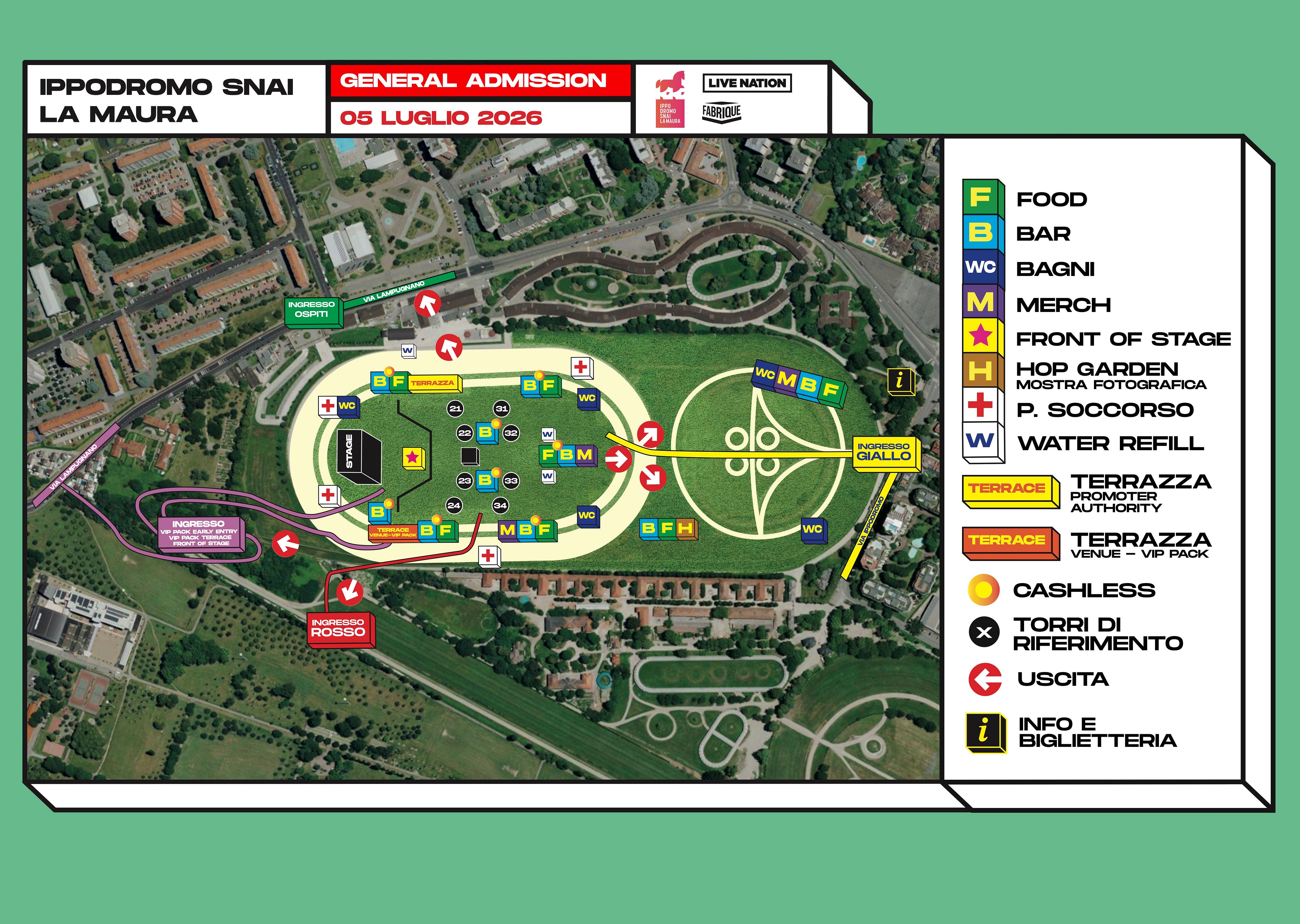 Aerial map of a festival venue with labeled zones, entrances, and facilities; right side shows a legend of services and access points.
