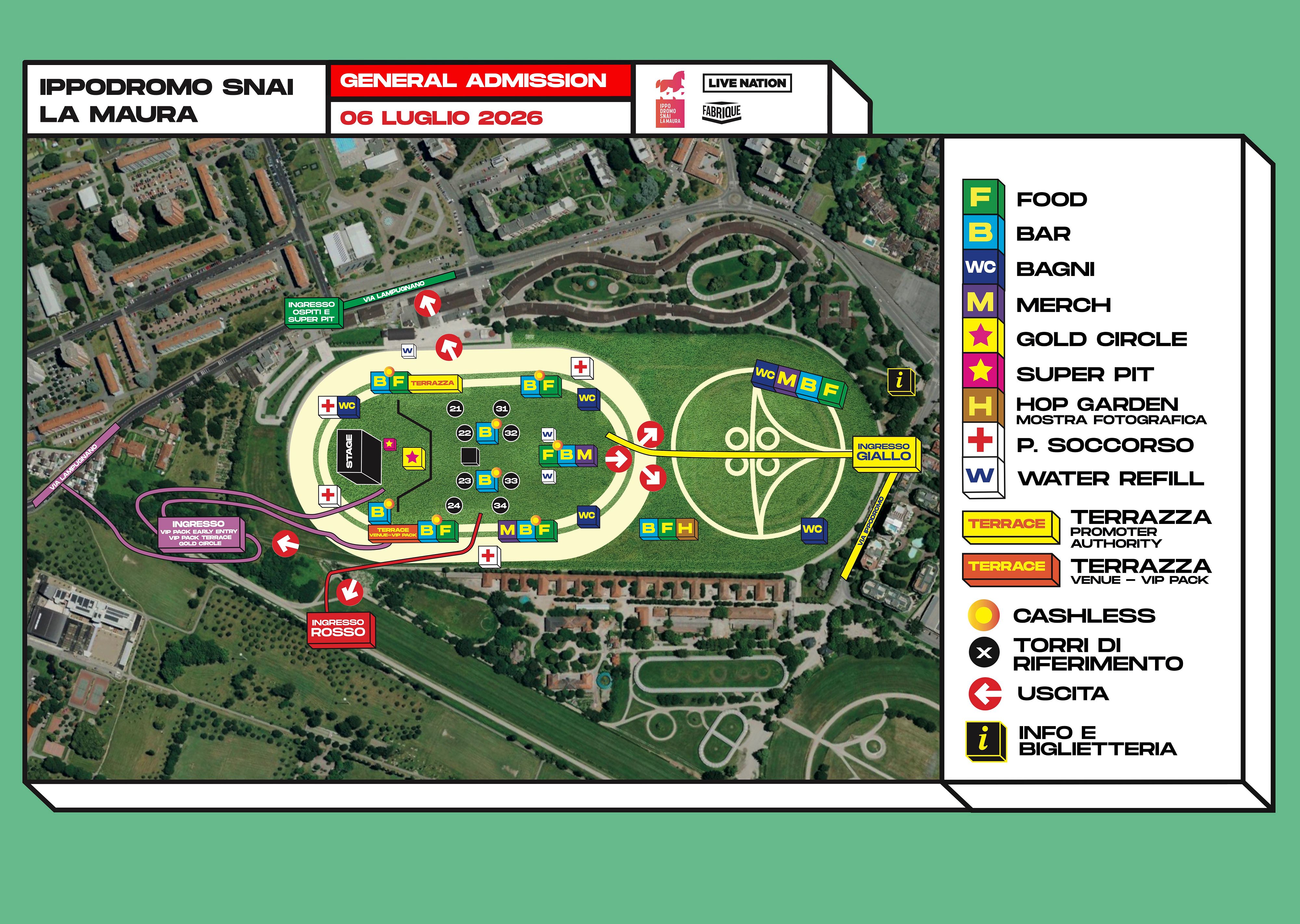 Aerial map of Ippodromo La Maura with labeled zones and a right-side legend showing food, bar, bathrooms, merch, and VIP terraces for the festival venue.