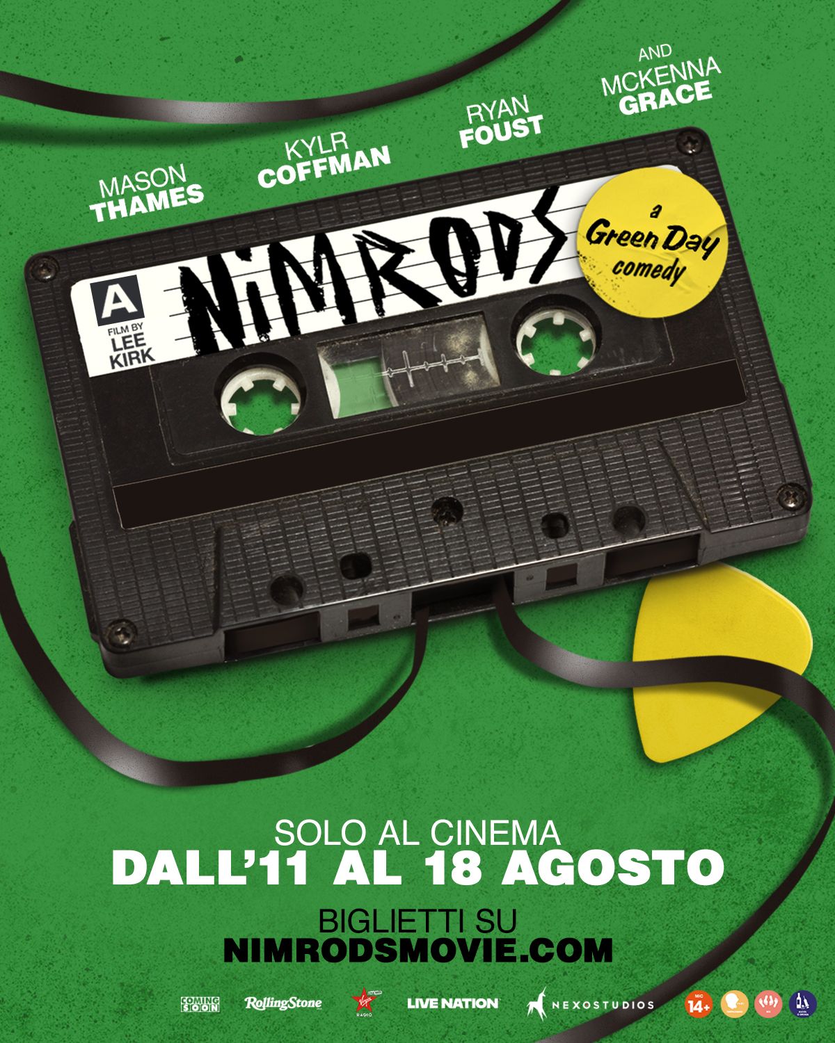 Poster for Nimrod's Movie: green background, retro cassette tape, cast names, and a yellow 'a Green Day comedy' sticker.