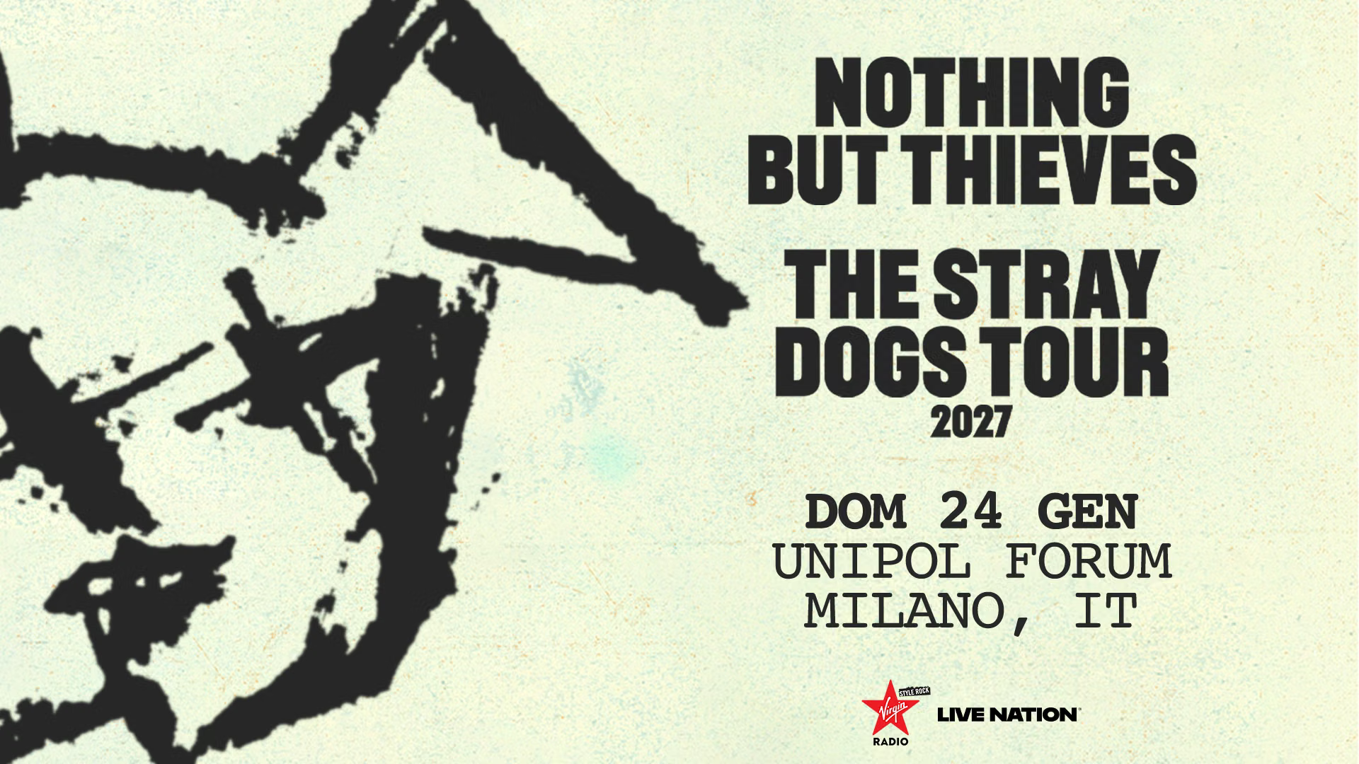 Concert tour poster for 'Nothing But Thieves' – The Stray Dogs Tour 2027, with a large black abstract graphic on a pale textured background and bold typography.