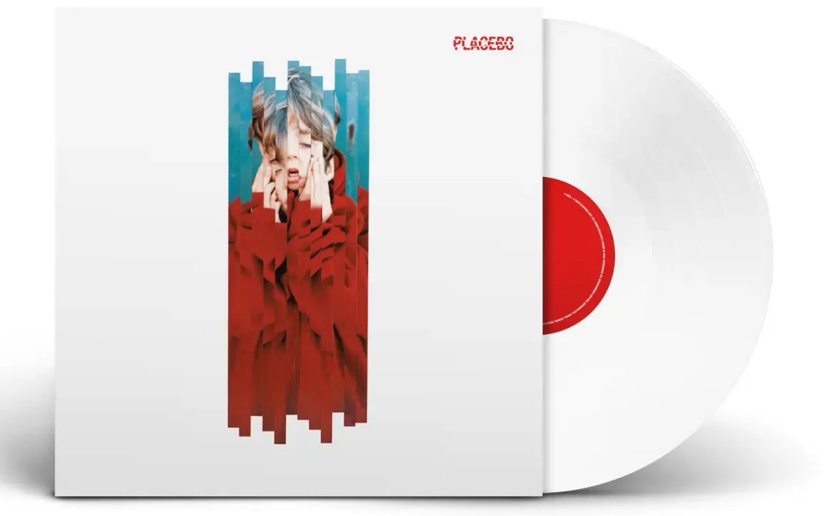 Placebo album cover with a vertical glitch portrait in red and blue on a white sleeve, white vinyl with a red center label beside it