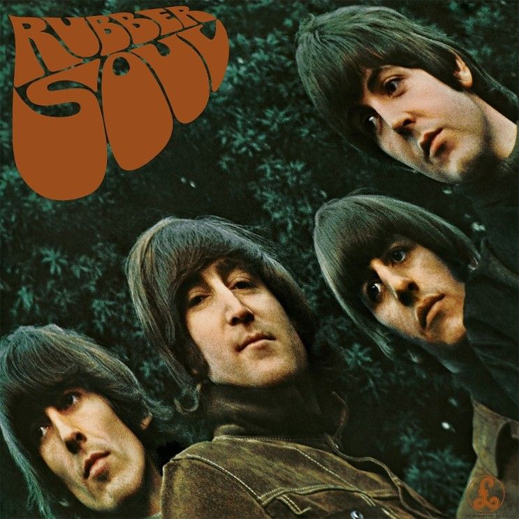 Album cover for The Beatles' Rubber Soul showing the four band members' heads tilted against a dark green background with an orange Rubber Soul logo in the top-left corner.