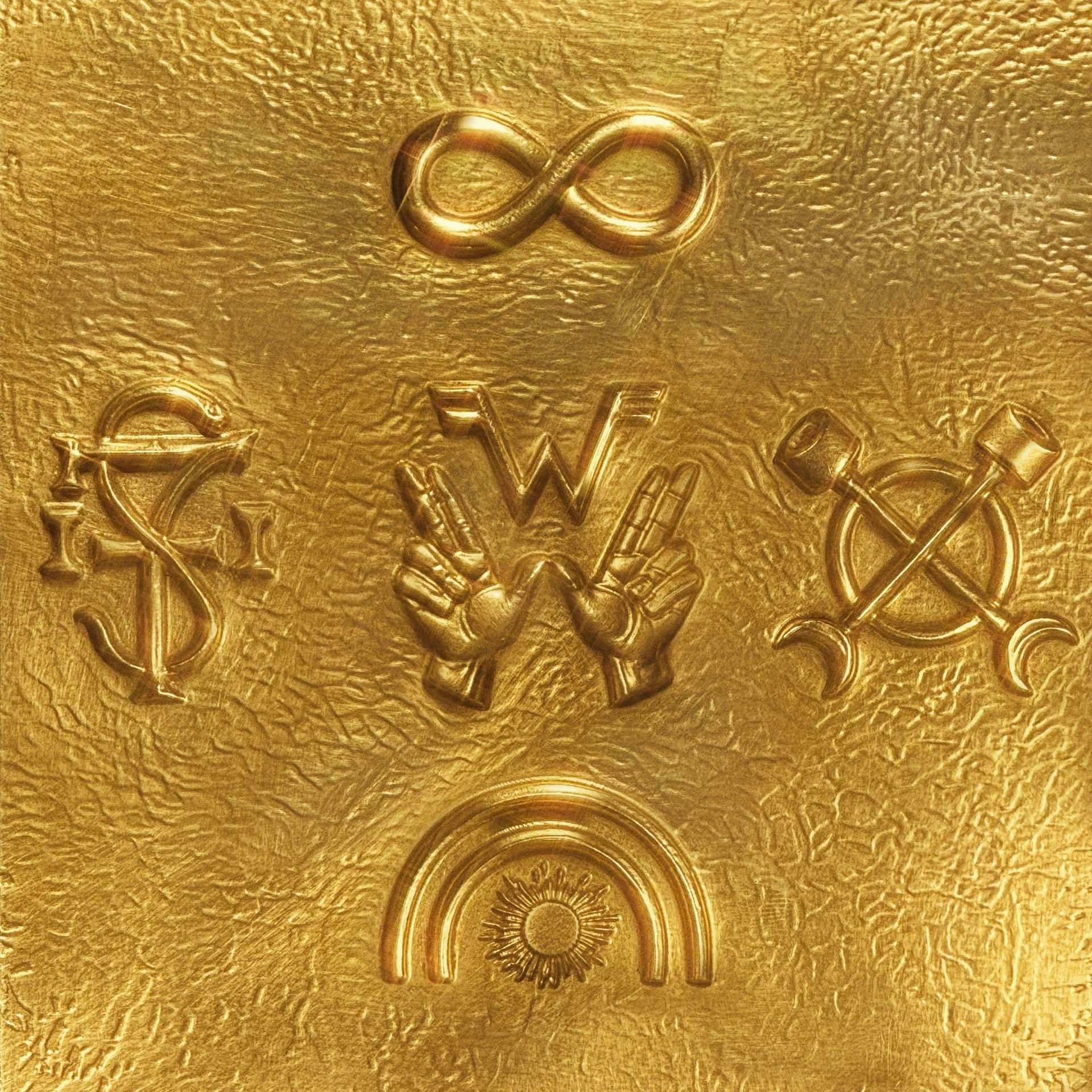 Gold textured relief featuring a central infinity symbol surrounded by decorative emblems and tools.
