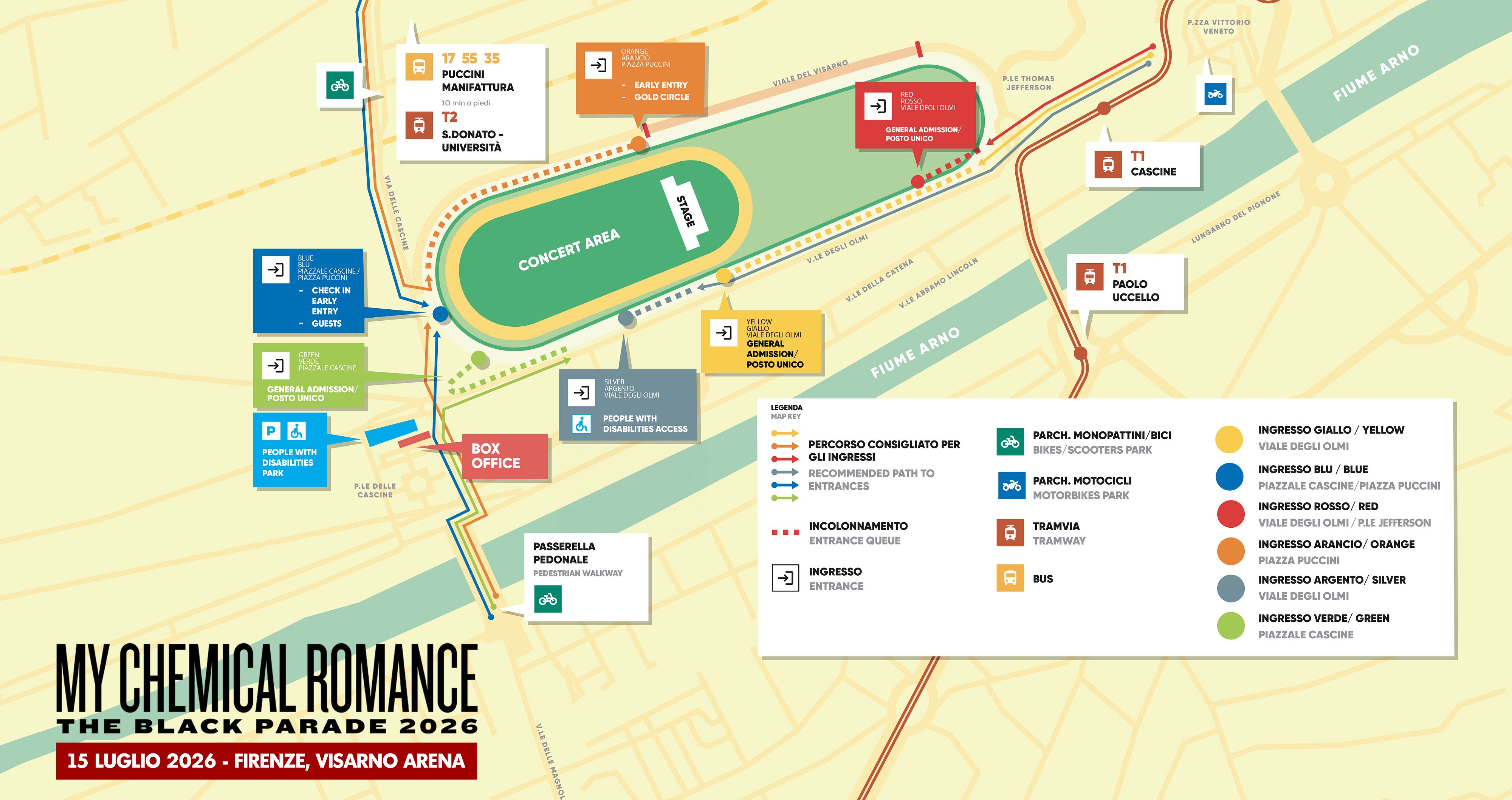 Colorful event map of Florence's Visarno Arena for My Chemical Romance, showing concert area, entrances, paths, and a legend of gates, bike/pedestrian zones, and box office.