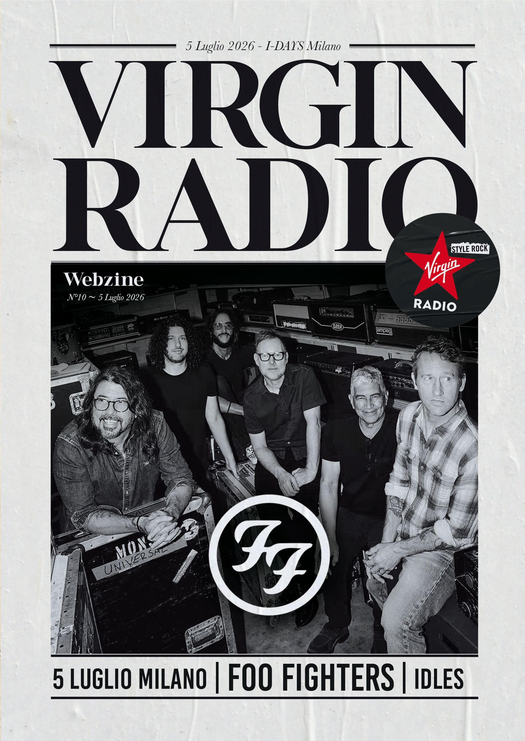 Virgin Radio poster with bold typography and a black-and-white band photo in a studio; date and Milan event details included (5 Luglio Milano).